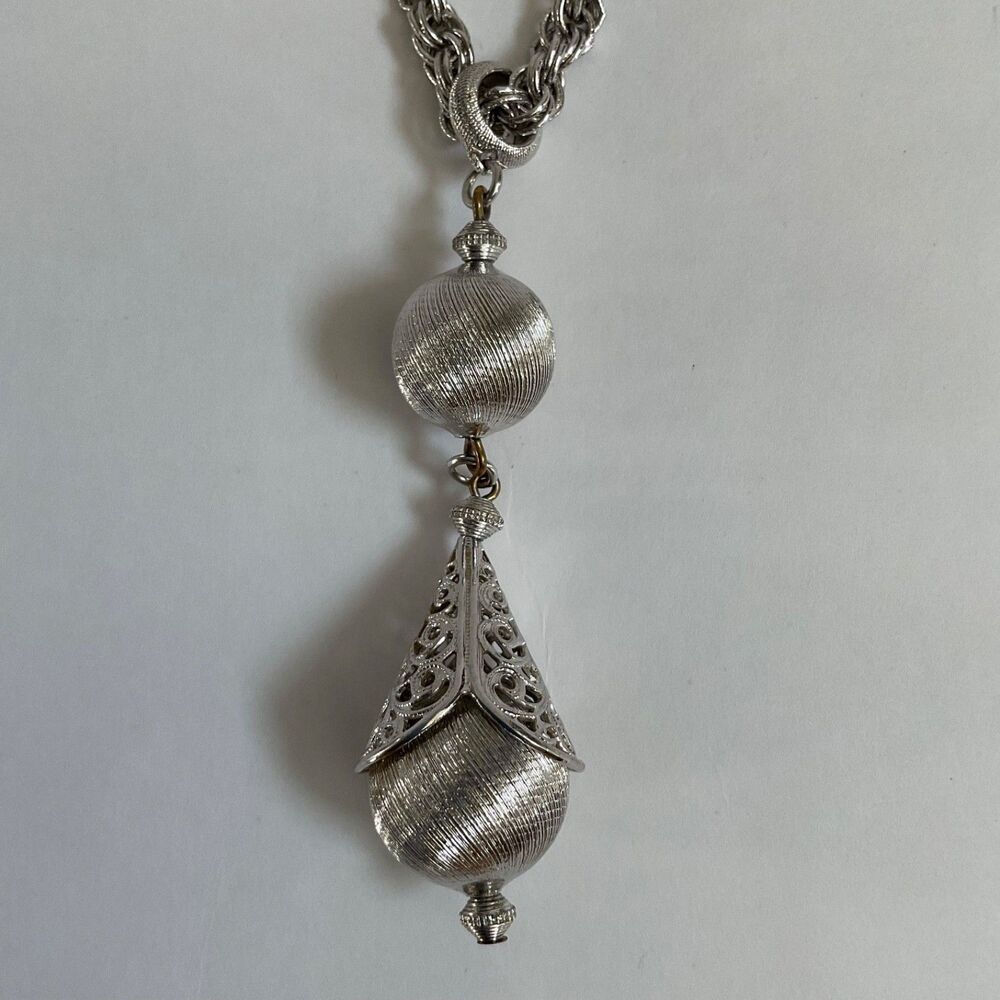 VTG Monet Bolero Silver Filigree Ball Tassel Necklace Rope Chain Book Piece MCM - Picture 2 of 12